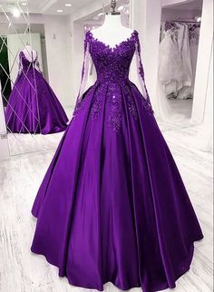 Purple Satin Long Sleeves with Lace Applique Party Dress, A-line Sweet – BeautyDressy Formal Dress Lace, Purple Ball Gown, Purple Quinceanera Dresses, Quinceanera Themes Dresses, Prom Dresses Burgundy, Burgundy Evening Dress, Sweet 16 Dress, Long Sleeve Ball Gowns, Purple Wedding Dress