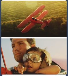 two pictures of people and an airplane in the sky, one with goggles on