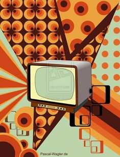 an old tv sitting on top of a table next to orange and brown circles in the background