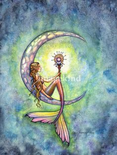 a painting of a mermaid sitting on the moon with her hand in her other hand