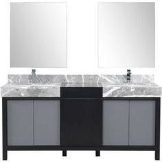 a double sink vanity with two mirrors above it and another one on the opposite side