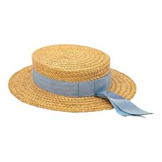 The Ridgemont Make's vintage 1930s boater hat showcases timeless elegance with its natural straw construction. Adorned with a pale blue ribbon and bow, this hat epitomizes classic style. The sturdy yet lightweight straw provides comfort and durability, while the charming ribbon adds a touch of sophistication. This boater hat captures the essence of vintage summer fashion, making it a coveted accessory for collectors and design enthusiasts alike. Seven are available for a display collection. Some Boater Hats For Women, Straw Hat Aesthetic, Blue Ribbon Bow, Vintage Summer Fashion, Vintage Straw Hat, Hat Aesthetic, Boater Hat, Brown Hats, Derby Hats