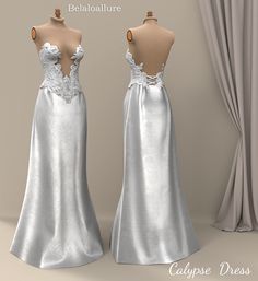 two dresses on mannequins, one in silver and the other in white