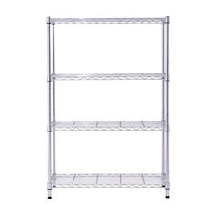 three tiered metal shelving unit with wheels on each side and four shelves in the middle