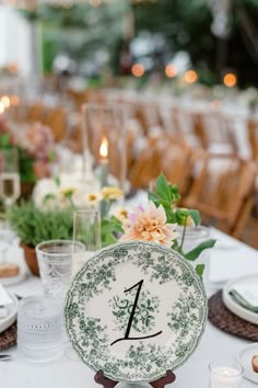 the table is set with plates and candles