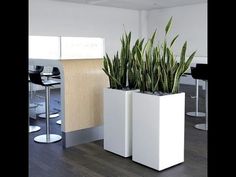 two tall white planters with plants in them