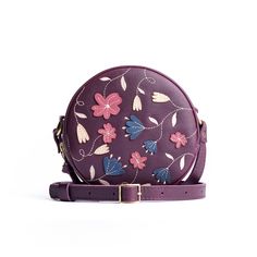 Folklore Plum*Small | Circle shaped crossbody bag with embroidered flower design Portland Leather Goods, Embroidered Motifs, Leather Tote Purse, Whole New World, Love Now, Mens Leather Bag, Leather Bag Women, A Whole New World, Accessory Pouch