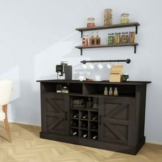 a room with a table, chairs and shelves filled with bottles on top of it