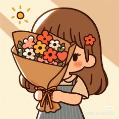 a girl holding a bouquet of flowers in her hands with the sun shining behind her