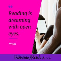 a woman sitting in a chair reading a book with the words reading is dreaming with open eyes