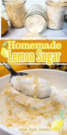 homemade lemon sugar in a white bowl with a spoon