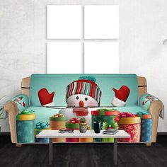 a snowman sitting on top of a couch covered in presents