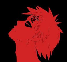 an anime character with red hair and black eyes looking up to the side, in front of a dark background