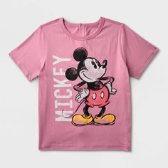 This Mickey Mouse Adaptive Short-Sleeve Graphic T-Shirt makes for a cute and comfy wardrobe staple. This short-sleeve T-shirt is crafted from 100% cotton, and features a tagless design for a softer feel against skin than tags that can be itchy. A back opening on this tee features snap closures from collar to hem, while a crewneck fit with banded collar in the front offer a classic look. The tee comes in a dusty red color and features a front graphic of Mickey Mouse along with block type spelling Mickey Mouse Crew Neck Shirt For Summer, Fun Mickey Mouse Short Sleeve Tops, Fun Short Sleeve Mickey Mouse Shirt, Pink Crew Neck Top With Mickey Mouse, Fun Mickey Mouse Short Sleeve Shirt, Summer Mickey Mouse Crew Neck Shirt, Cute Mickey Mouse Short Sleeve Tops, Casual Pink Mickey Mouse Top, Pink Mickey Mouse Crew Neck Top