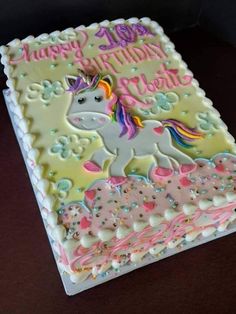 the birthday cake is decorated with an image of a unicorn