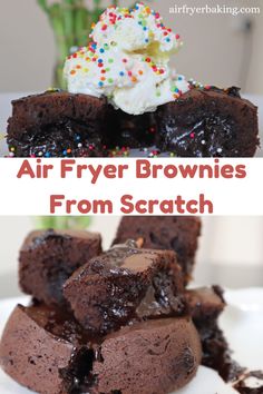 chocolate brownies with ice cream and sprinkles on top are shown in this collage