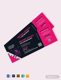 two concert ticket templates with pink and black designs on them, one is for the piano