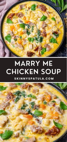 two images showing the same chicken soup with spinach and carrots