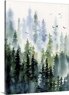 watercolor painting of trees on white paper with blue and green inks in the foreground