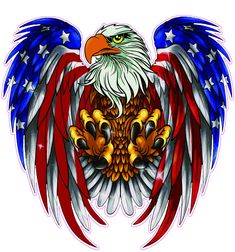 an eagle with red, white and blue wings on it's head is painted in the colors of the american flag