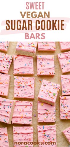 pink sugar cookie bars with sprinkles on top and the words sweet vegan sugar