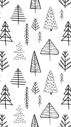 black and white hand drawn trees on a white background, seamless pattern for fabric or wallpaper