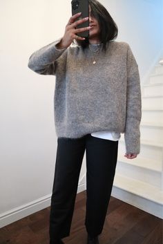 Comfy Mum Style, Grey Sweater White Shirt, Trousers Jumper Outfit, Black Grey White Outfit, Grey Jumper Outfit Winter, Heather Grey Sweater Outfit, Grey Roll Neck Jumper Outfit, Light Grey Jumper Outfit, White T Shirt Under Sweater