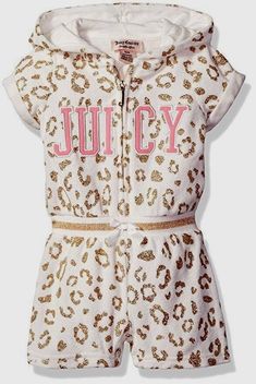 IVORY/GOLD CHEETAH Description:  BEAUTIFUL Knit cotton blend printed sunsuit  Attached hood  Short sleeve with folded cuffs  Embroidered patch logo at front  Banded waist with bow appliqué  Front zip closure linen Material: 80% cotton and 20% polyester Care: Machine wash Brand: Juicy Couture Origin: Imported PINK/GOLD HEARTs Description: Knit cotton blend printed sunsuit  Attached hood  Short sleeve  Chest embroidered logo  Elasticized waistband with bow detail  Pom pom trim at cuffs and leg ope Coordinate Sets, Juicy Couture Baby, Girls Couture, Short Sleeve Romper, Ebay Clothing, Beautiful Knitting, Knit Cotton, Fashion Set, Juicy Couture