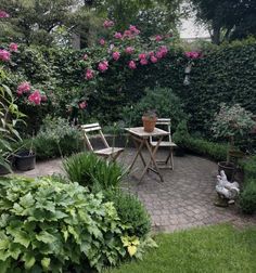 a patio with chairs, table and flowers in the background