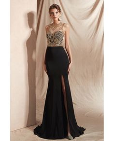 Buy Sexy Mermaid Black with Gold Beading Prom Dress with Slit Front at wholesale price online. Free shipping and pro custom service since 2009. Graduation Dress Long, Formal Dresses Cheap, Elegant Wardrobe, Cheap Formal Dresses, Prom Dresses Cheap, Elegant Evening Dresses, Prom Dresses 2023, 2020 Prom Dresses, Elegant Bridesmaid Dresses