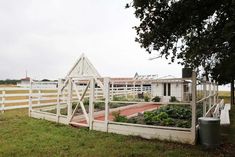 an outdoor vegetable garden in the middle of a fenced off area next to a building