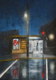 an oil painting of a gas station at night with the lights on and no one around