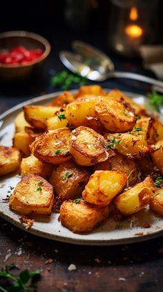 a white plate topped with cooked potatoes on top of a wooden table next to silverware