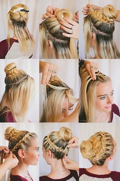 Hair Braid Bun Tutorial, Braided Hairstyles For School, Easy Work Hairstyles, Cool Hairstyles For Girls, Double Braid, Step By Step Hairstyles, Hair Tutorials Easy, Hairstyle Tutorial