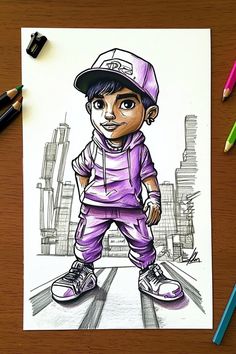 A hip-hop inspired graffiti drawing of a boy in a purple hoodie, embodying urban street art style and easy graffiti drawings. Spiderman 1, Hip Hop Art