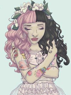 a drawing of a girl with pink hair and tattoos on her arm holding a bottle