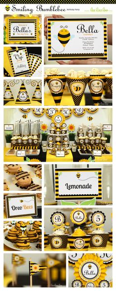 an assortment of desserts and cookies on display at a bee themed birthday party or baby shower