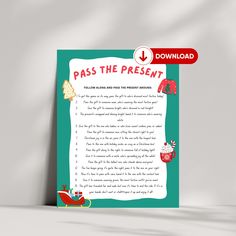 a paper with the words pass the present written in red and green, on a white background