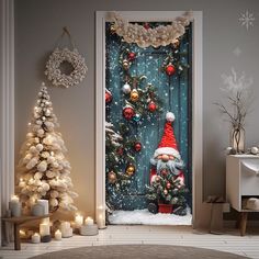 an open door decorated with christmas decorations and santa's hat in front of a tree