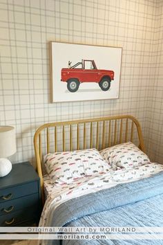 Car nursery, Transportation nursery, Boys room design, nursery prints, tractor nursery Blue Wall Nursery, Little Boys Bedroom Ideas, Red Boys Bedroom, Nursery Boy Room, Boy Car Room, Nursery Ideas For Boys, Big Boy Room Decor