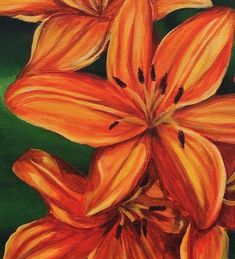 an oil painting of orange lilies with green background