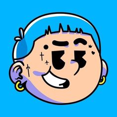 the face of a man with blue hair and piercings on his forehead, drawn in cartoon style