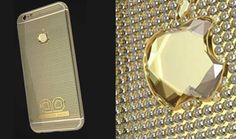 the back and side of an iphone case with diamonds on it, next to a gold apple logo