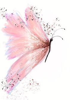 a pink butterfly with black spots on its wings is flying in the air and has glitters all over it's wings