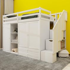 a white bunk bed sitting on top of a carpeted floor next to a yellow wall