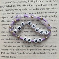 two bracelets with letters that spell out the word, and an open book in the background