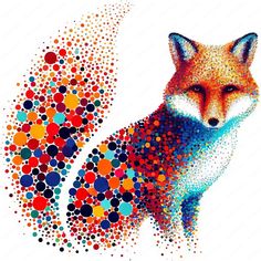 a fox made up of circles and dots on a white background with an orange tail