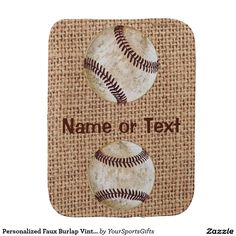 two baseballs on burlap with name or text