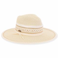 Multi Tone Wide Brim Safari Hat with Gold Metallic Detail - Sun 'N' Sand Fedora Style, Safari Hat, Woven Pattern, Gold Ribbon, Gold Ribbons, Ribbon Trim, Metallic Thread, Color Stripes, Wide Brimmed