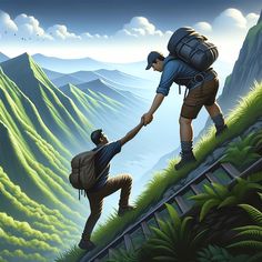 two people climbing up the side of a mountain with backpacks on their back and hands in each other's pockets